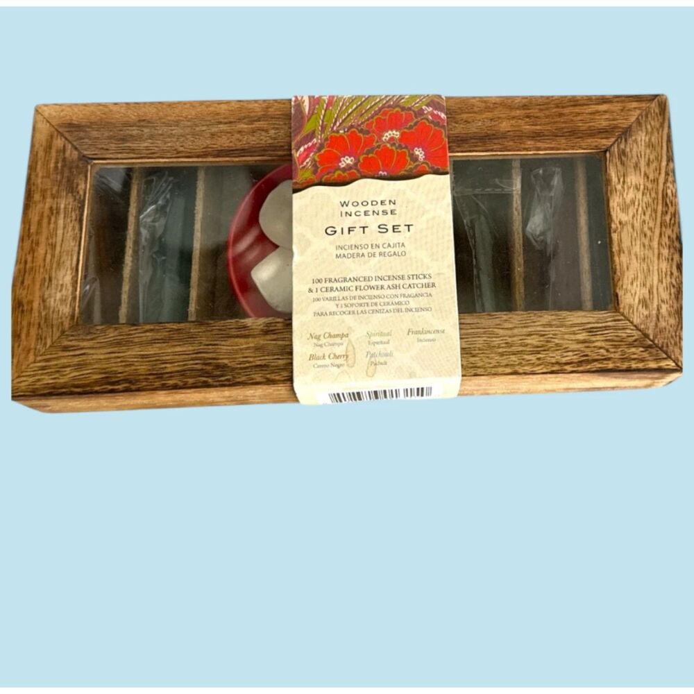 Wooden Incense Gift Set 100 Sticks & Ceramic Holder New Sealed Aromatherapy